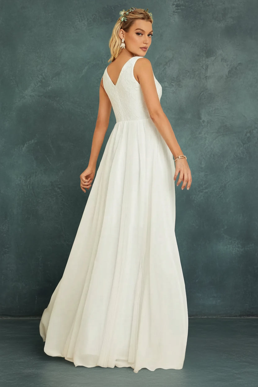 V-Neck Lace Chiffon Wedding Dress
