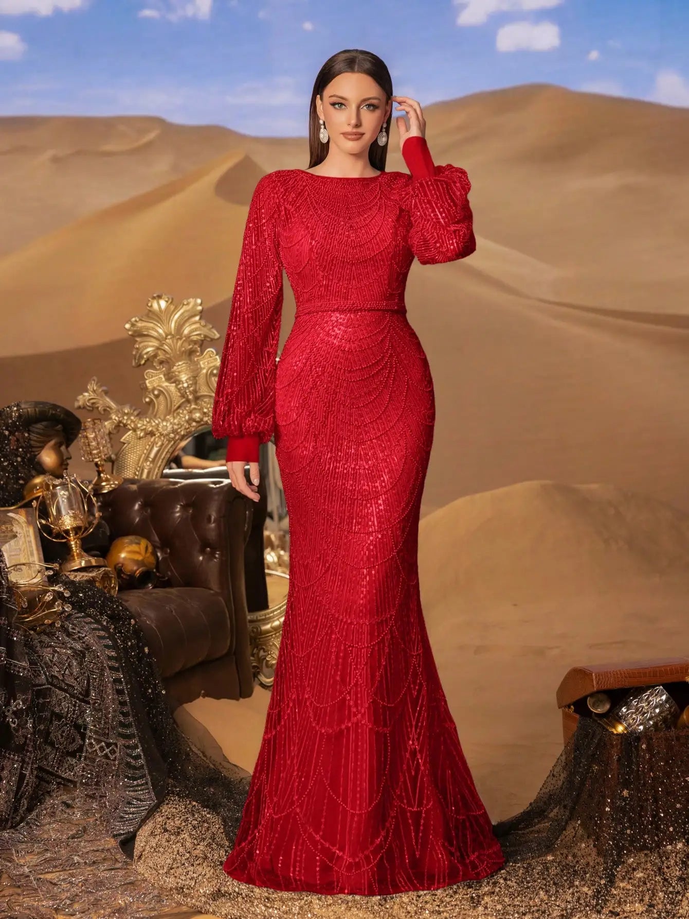 Elegant and luxurious sequined mermaid long-sleeved evening dresses, adorned with sparkling crystal beads.