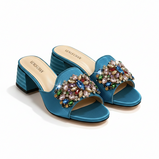 Elegant Designer Mules - Multicolor Rhinestone Open Toe Sandals