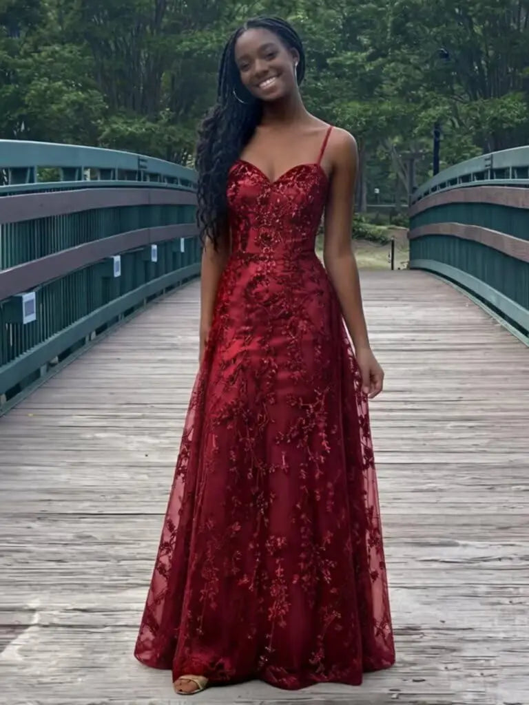 Tulle Formal Dress Laces Spaghetti Strap Sparkly Prom Dress