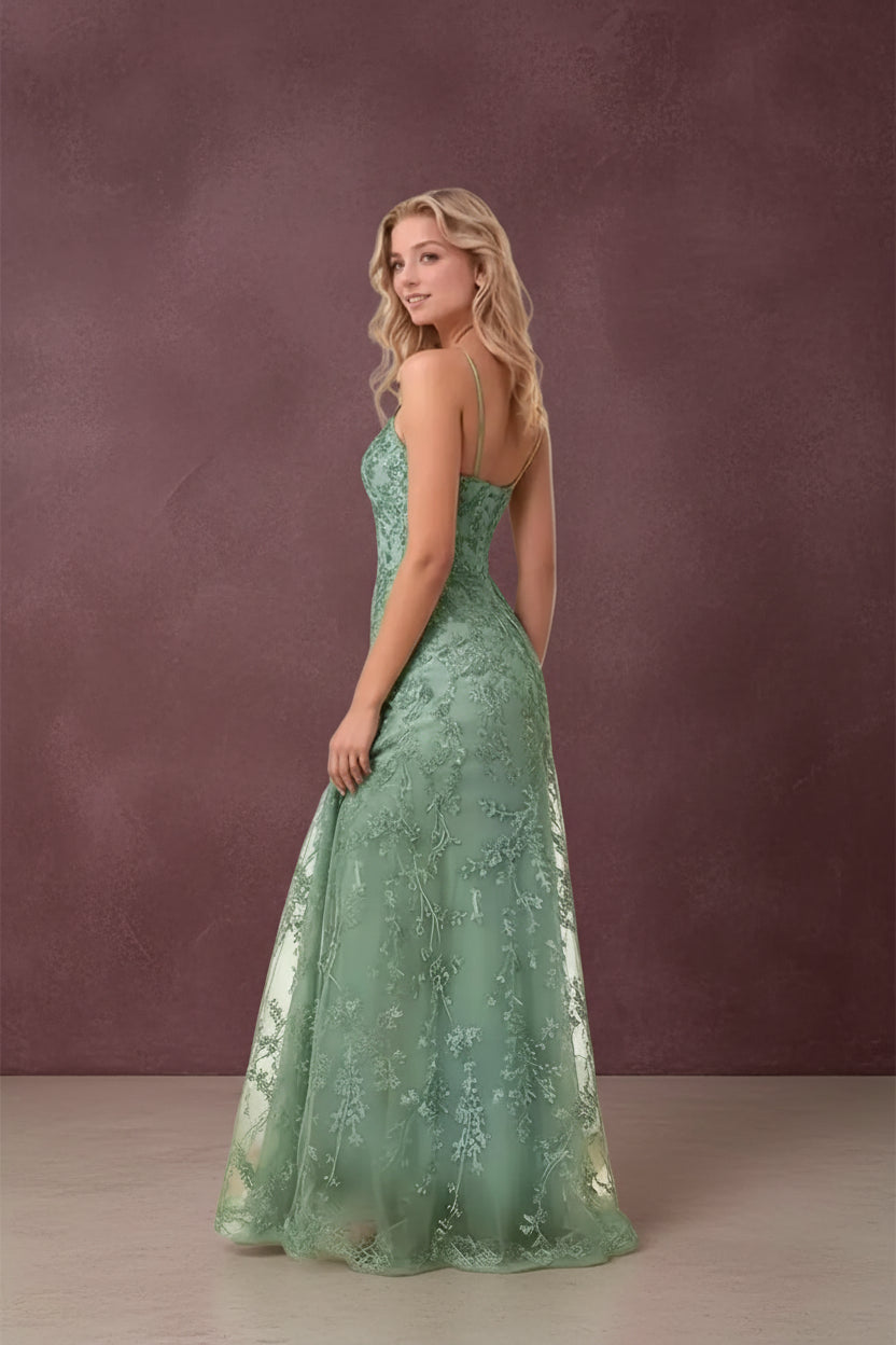 Tulle Formal Dress Laces Spaghetti Strap Sparkly Prom Dress