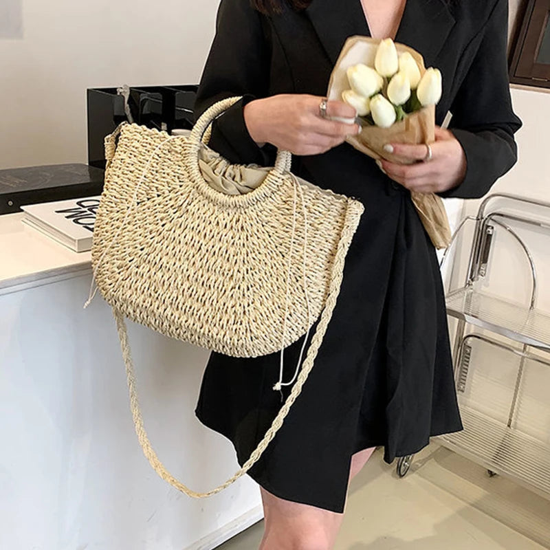 Handwoven Straw Beach Tote Bag
