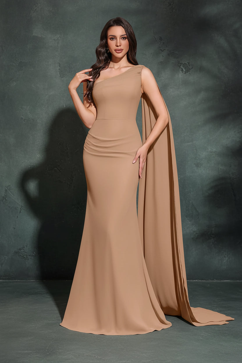 One-shoulder Long Ribbon Hip-hugging Chiffon Dress