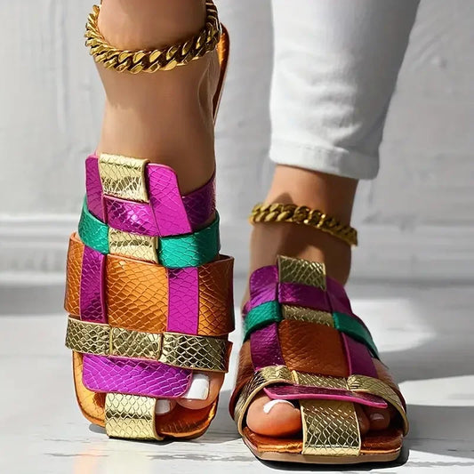 Summer Colorful Sexy Casual Soft Luxurious Square Toe Hollow Roman Flat Shoes