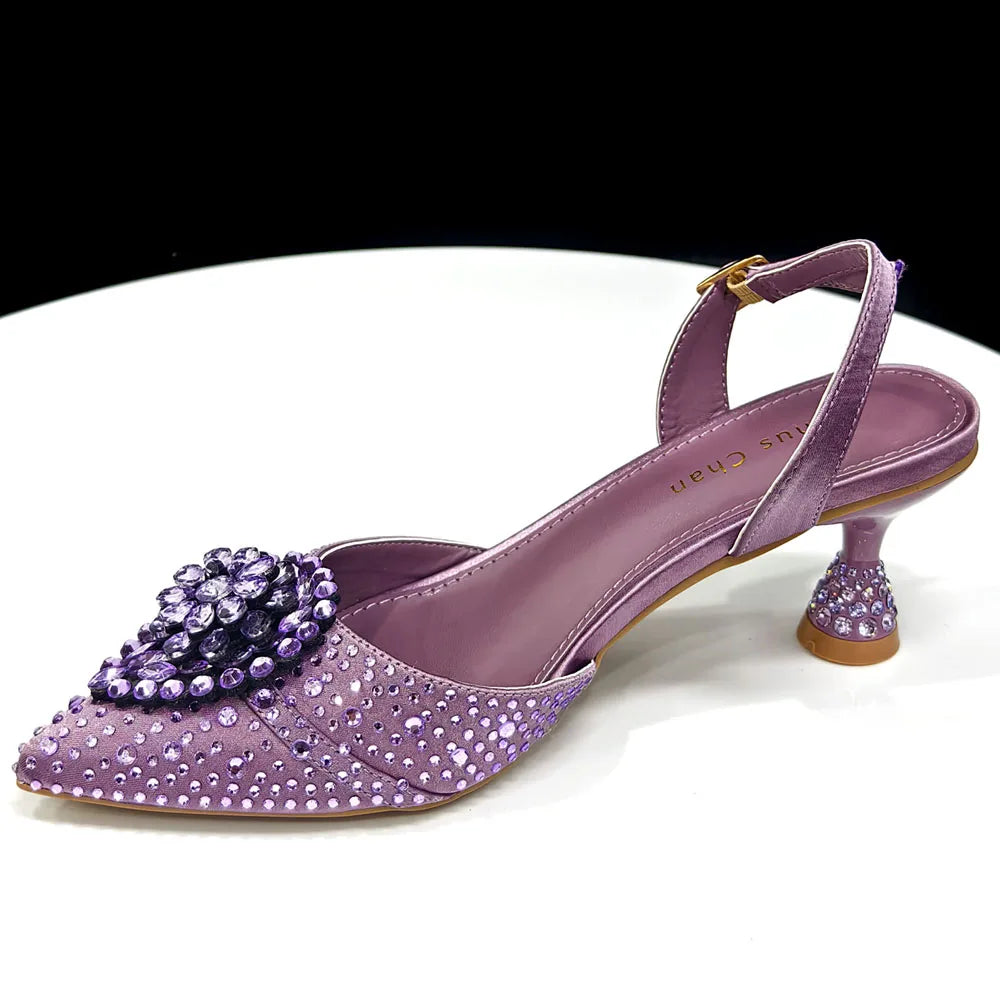 Venus Chan Blue Color Rhinestone Comfortable high heel shoe And Bag Fashion Style Pointed-Toe Shoes For Women Or Commuting Shoes