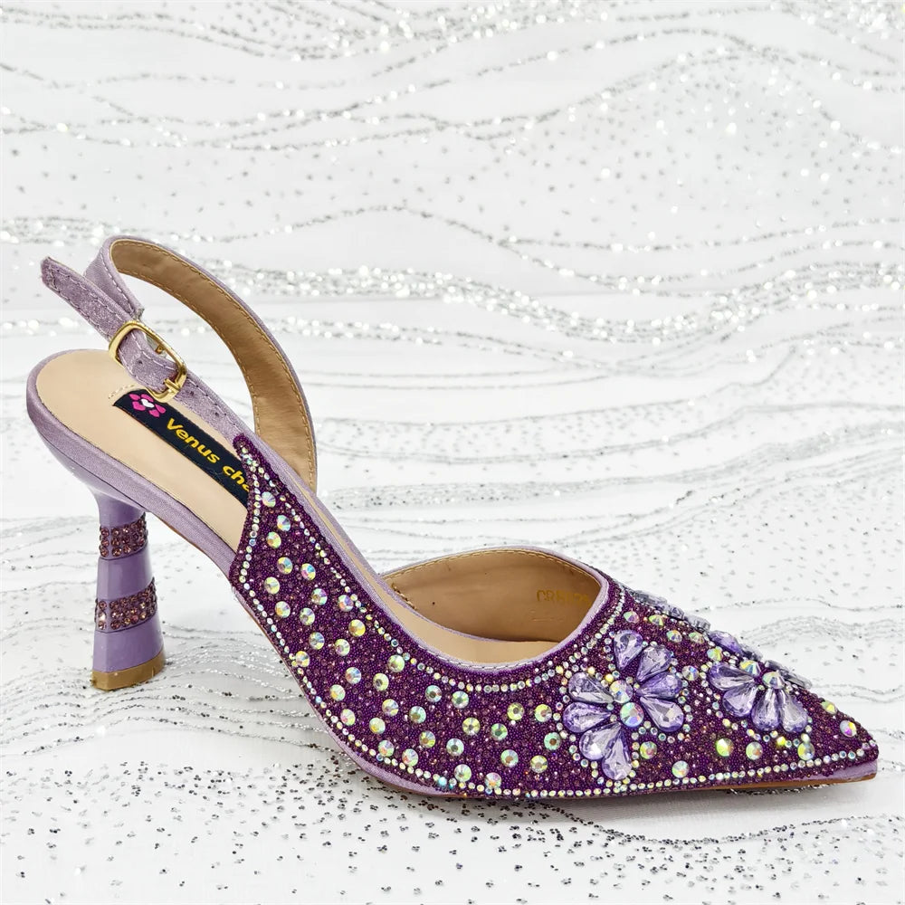 Gold Pointed Toe Rhinestone Heels & Bag Set, Sparkly