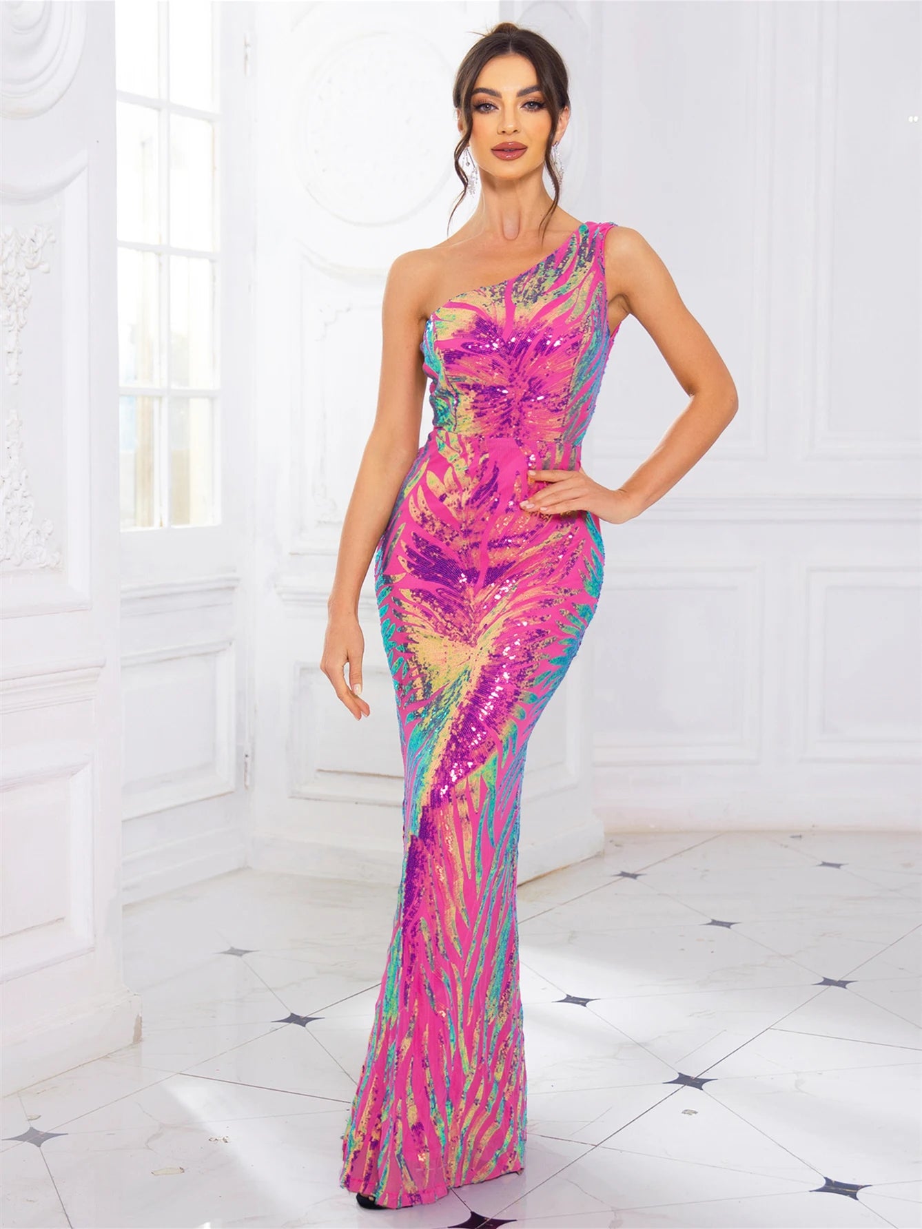 One Shoulder Sequin Maxi Evening Dress