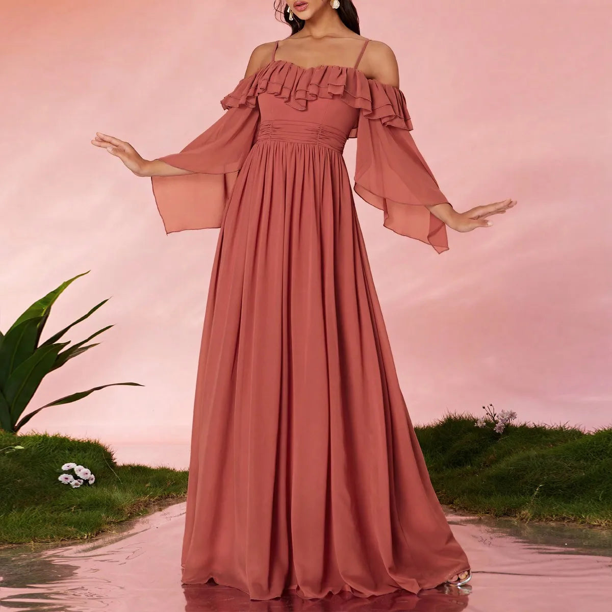 One Shoulder Ruffle Chiffon Evening Gown