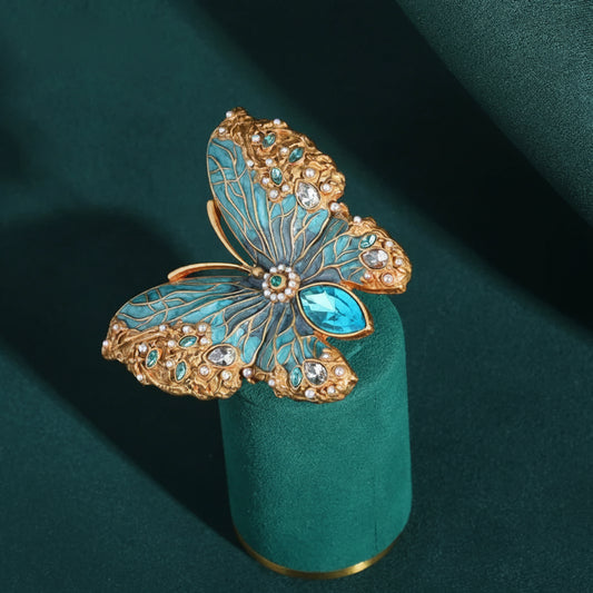 Vintage Blue Crystal Butterfly Statement Ring