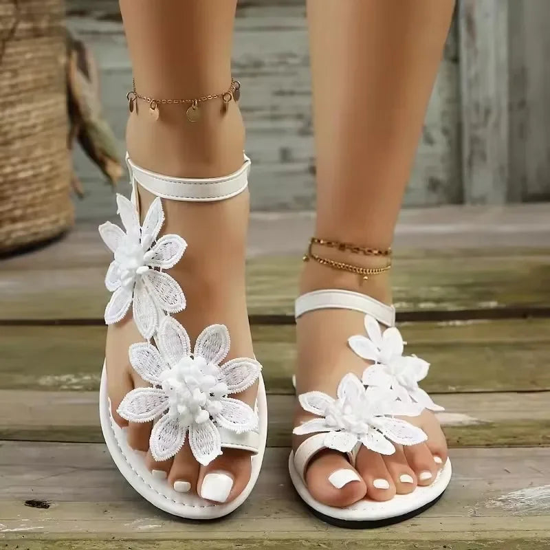 Summer Retro Elegant Sandals Floral Decorative Flat Bottom Sandals