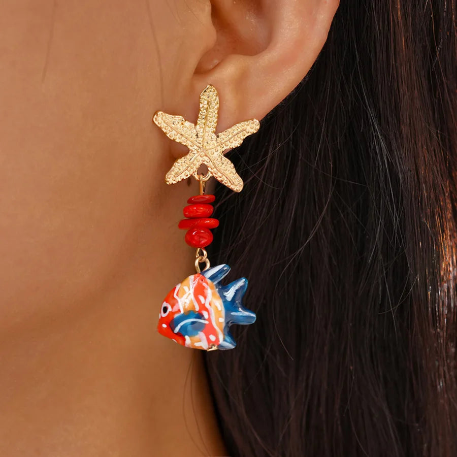 Colorful Ceramic Fish Drop Earrings Starfish Stone Beaded Earrings