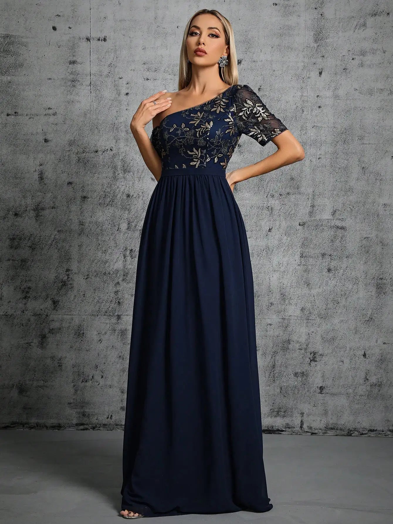 One Shoulder Chiffon Sequin Maxi Dress