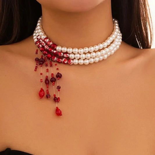 Gothic Red Crystal Tassel Necklace