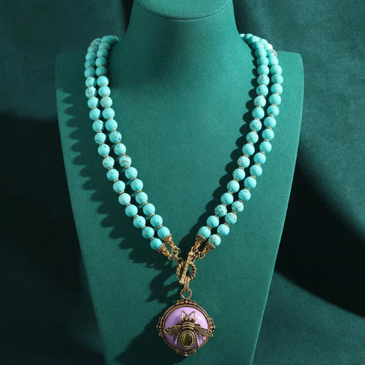 Vintage Green Natural Stone Double-layer Bead Purple Bee Pendant Necklaces for Women Antique Jewelry Party Accessories New 2025