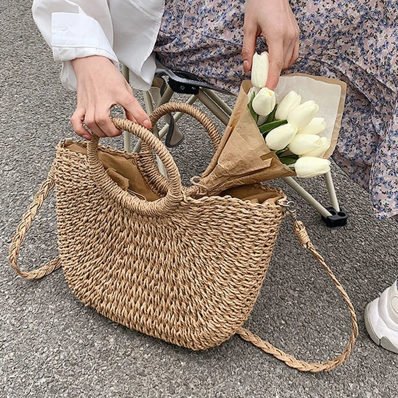 Handwoven Straw Beach Tote Bag