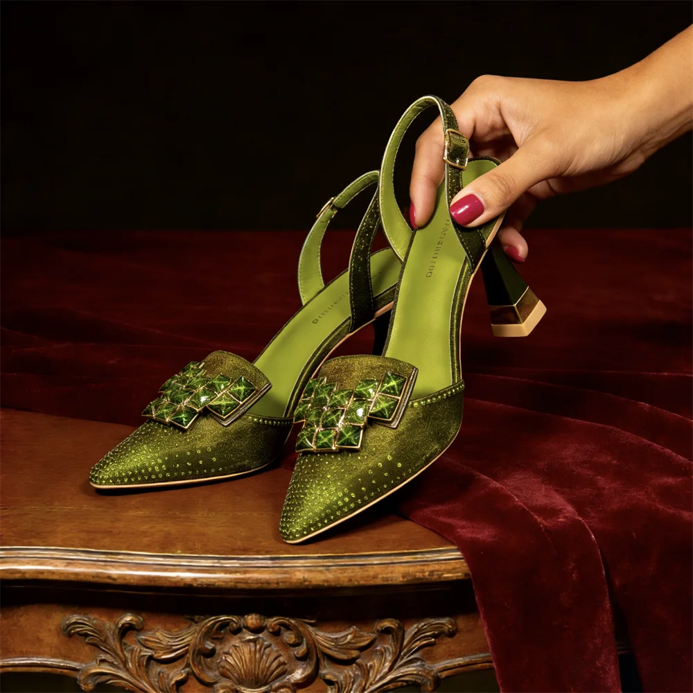 Venus Chan 2026 Elegant Green Slingback Heels with Rhinestones – Italian Design, Pointed Toe Bridal & Evening Party Footwear
