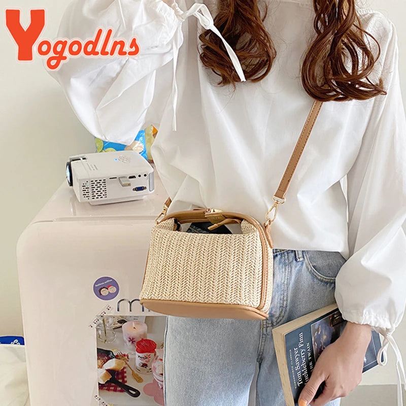 Summer Small Straw Handbag Shoulder Bag Woven Bucket Crossbody