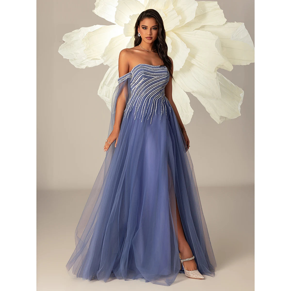 Off Shoulder Beaded Tulle Evening Gown