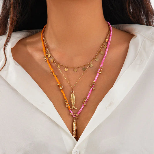 Boho Seed Bead Fish Pendant Necklace