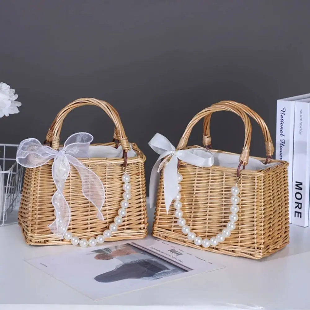 Handwoven Straw Tote Bag with Pearl Handle