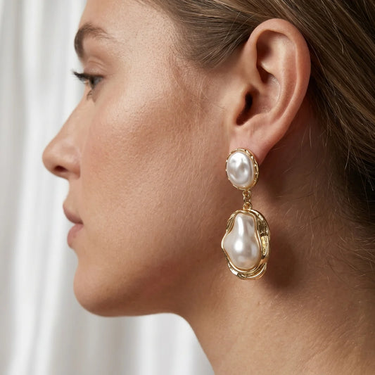 Elegant Double Layer Baroque Imitation Pearl Women's Earrings Gold Color Framed For Romantic Date Nights & French Style