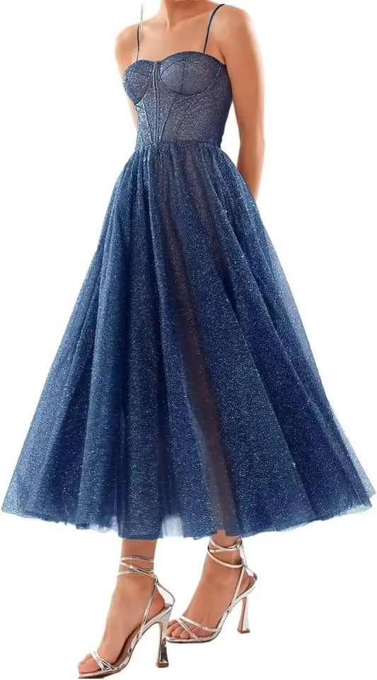 A Line Glitter Tea Length Formal Evening Cocktail Party Dresses for Women, Sequined Spaghetti Midi Corset Prom Gowns Cocktail