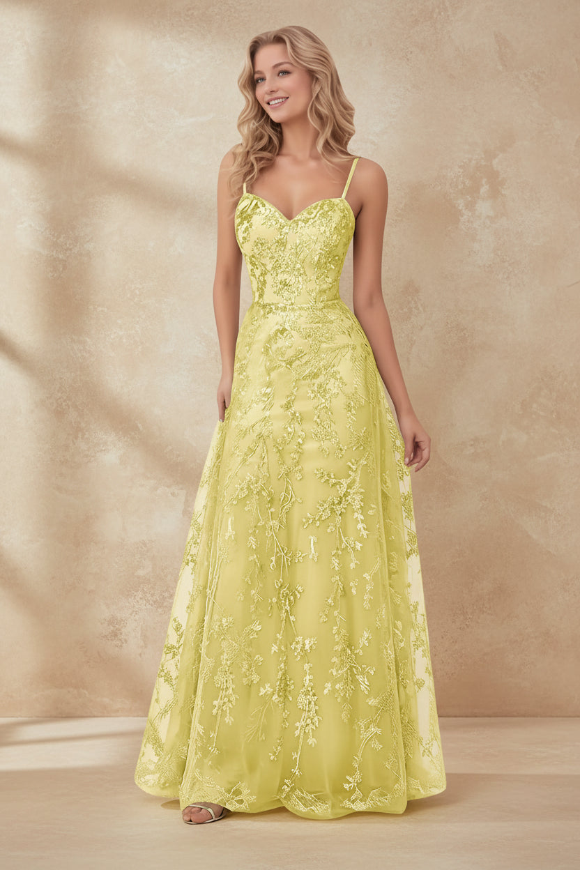 Tulle Formal Dress Laces Spaghetti Strap Sparkly Prom Dress