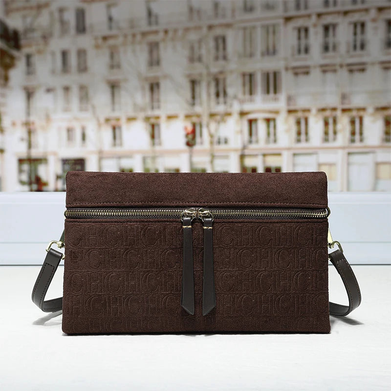 Suede Shoulder Bag Embossed Crossbody Clutch Luxury Designer Handbag