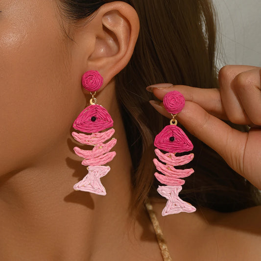 Handmade Straw Woven Fish Earrings Raffia Ball Stud Colorful