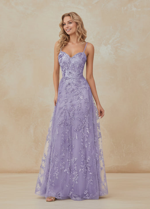 Tulle Formal Dress Laces Spaghetti Strap Sparkly Prom Dress