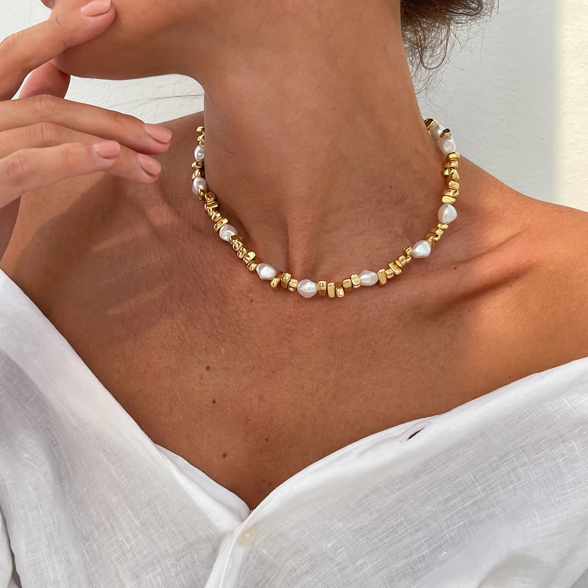 Pearl Beaded Gold Choker Necklace