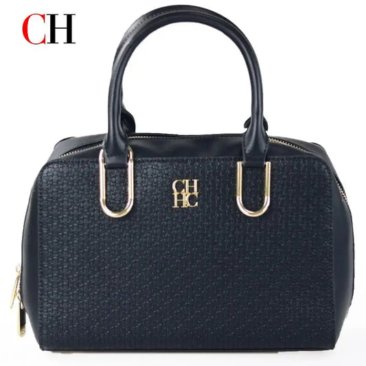 CH Luxury Boston Bag Women Woven Texture PU Leather Top Handle Handbag Metal Hardware Zipper Shoulder Bag for Daily Commute