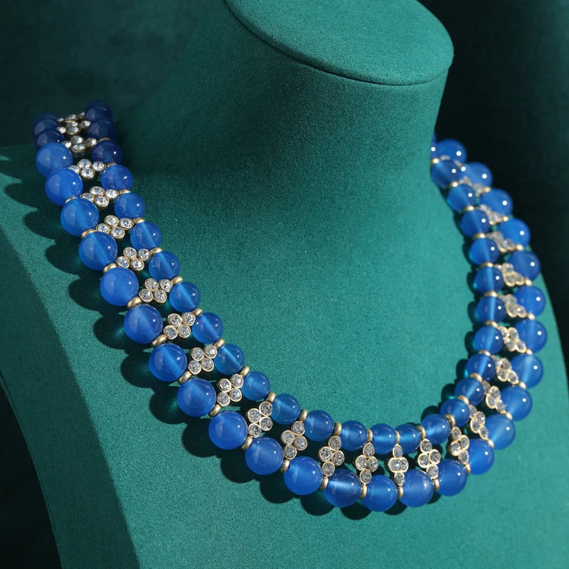 Vintage Blue Glass Double-Layer Choker Necklace
