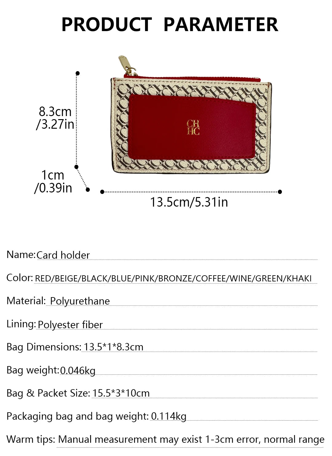 Embossed PU Leather Card Holder Zipper Coin Purse Slim