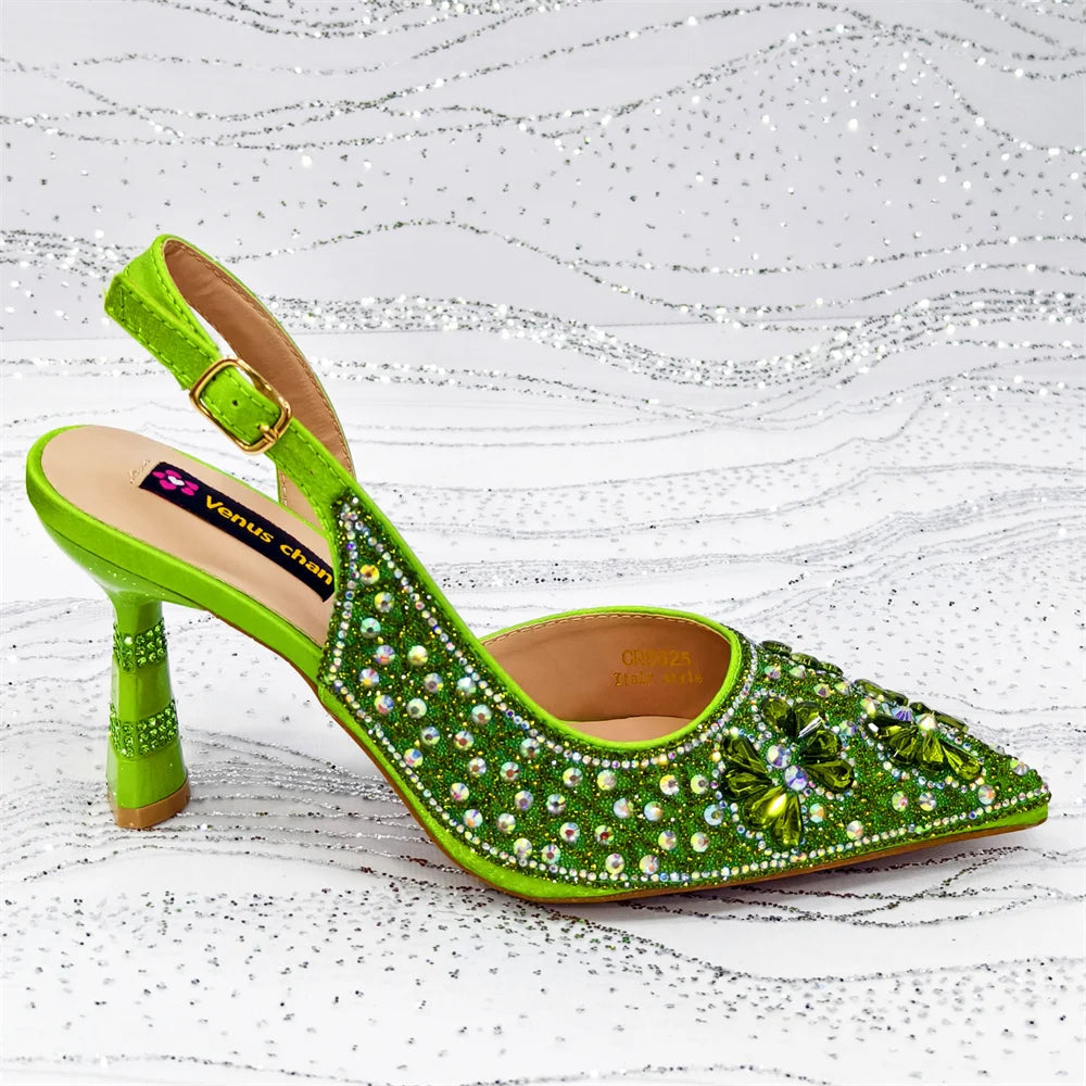 Gold Pointed Toe Rhinestone Heels & Bag Set, Sparkly
