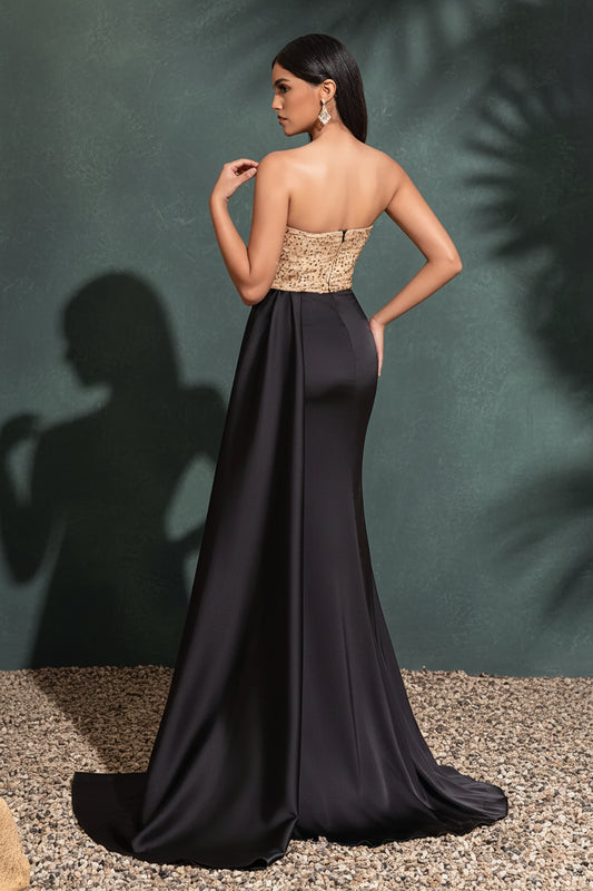 Satin Waist Slimming, Sequin Stitching, Chest Pleats, Slit Floor-length Wedding Dress