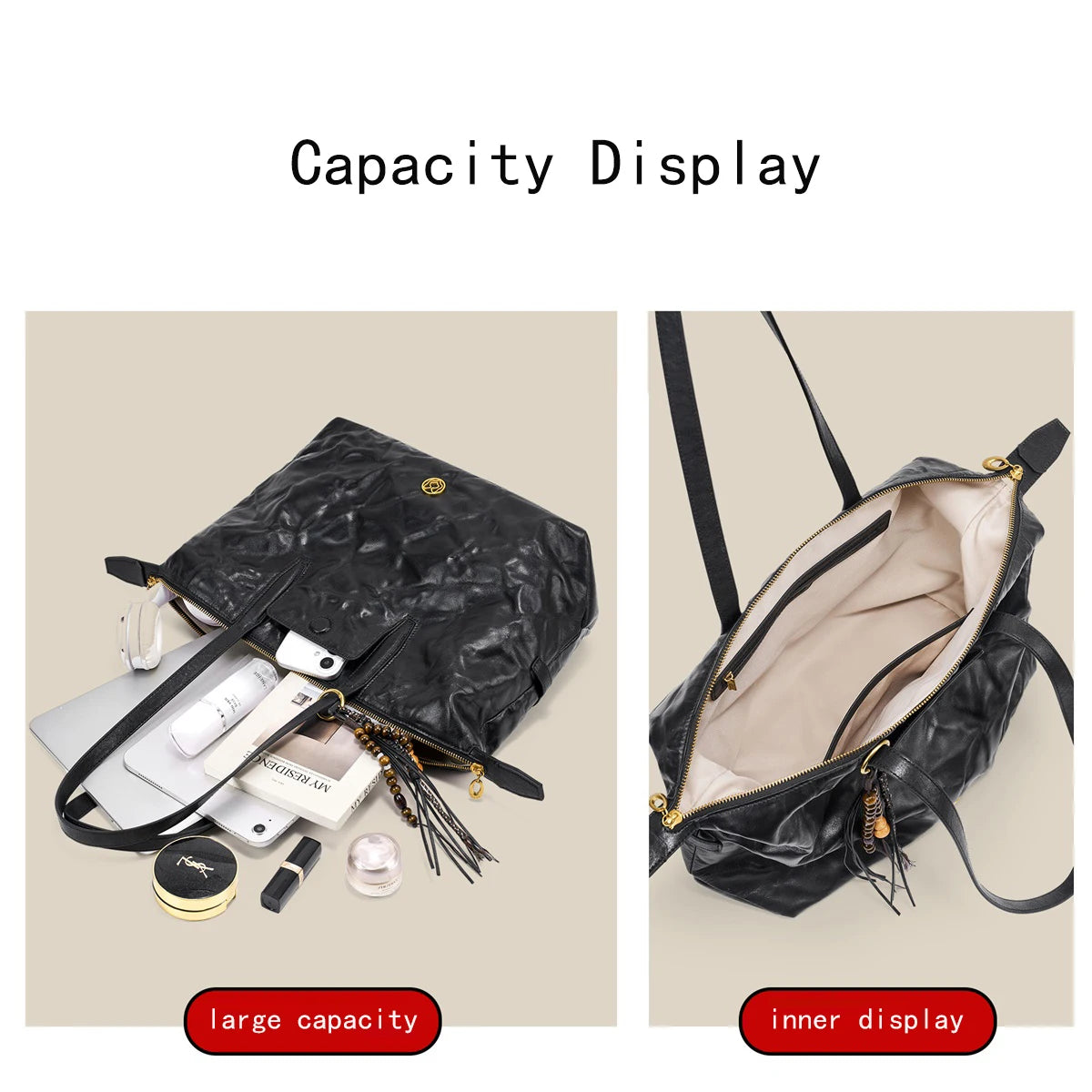 FOXER Crinkled Leather Tassel Tote Bag