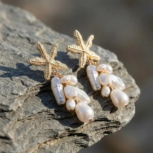 Irregular Imitation Pearl Beaded Dangle Earrings for Women Ladies Ocean Style Metal Starfish Drop Earrings Jewelry Accessories