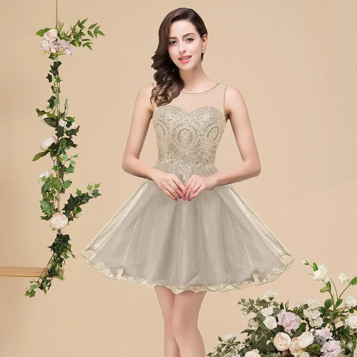 MisShow Ruffles Floral Lace Short Prom Evening Dress Sexy Illusion Tulle Little Black Dress for Homecoming Graduation Party 2026