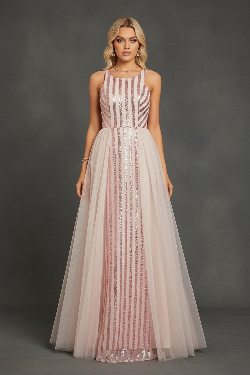Sequin Mesh A-Line Evening Gown
