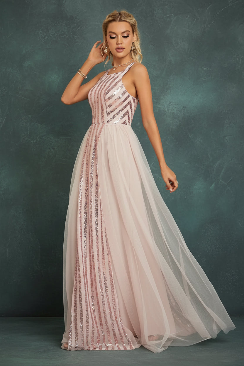 Sequin Mesh A-Line Evening Gown