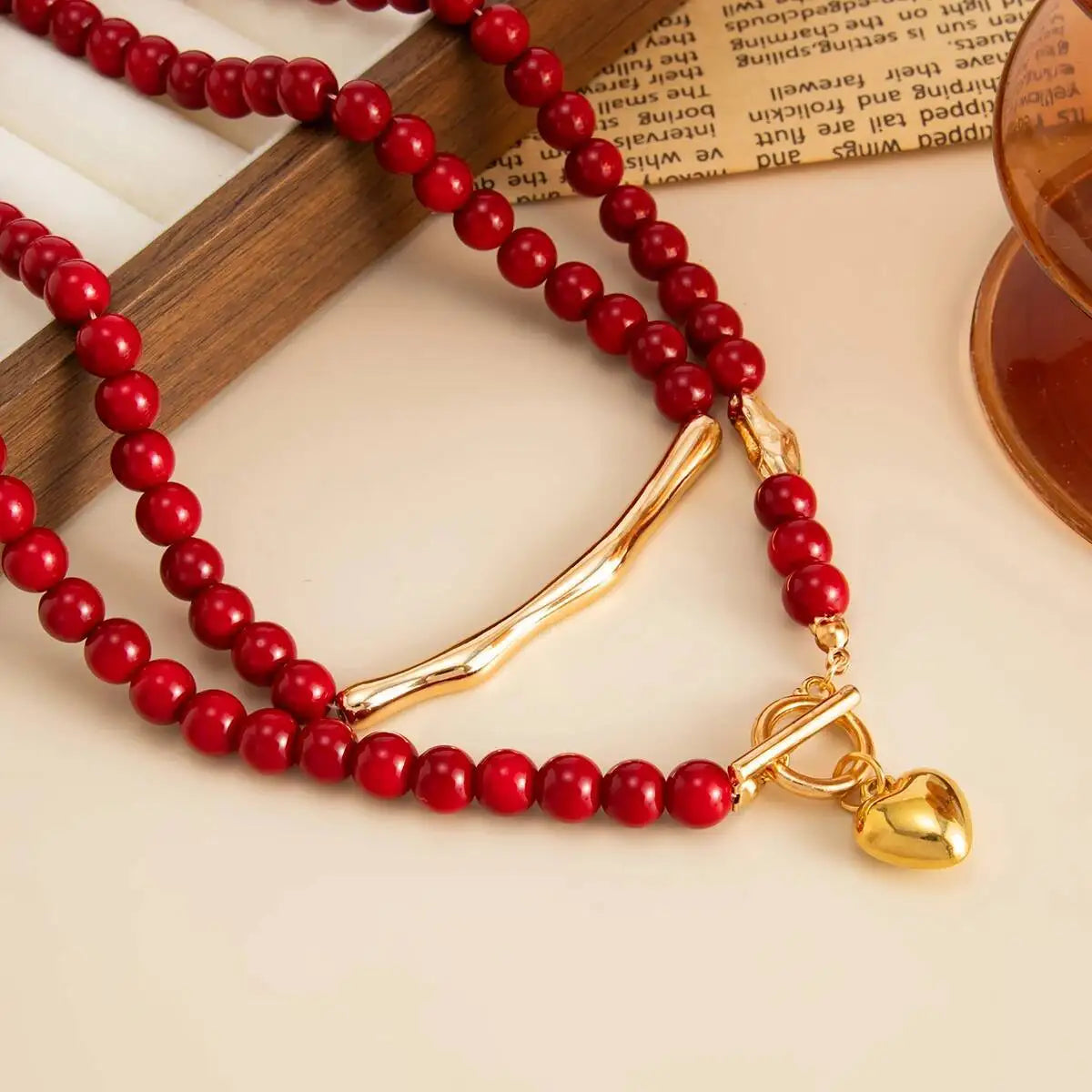 Red Heart Beaded Choker Necklace