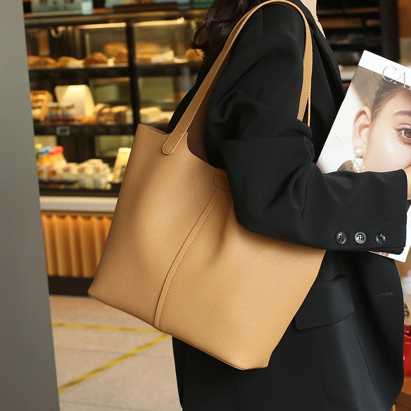 Genuine Cowhide Tote Bag with Pouch