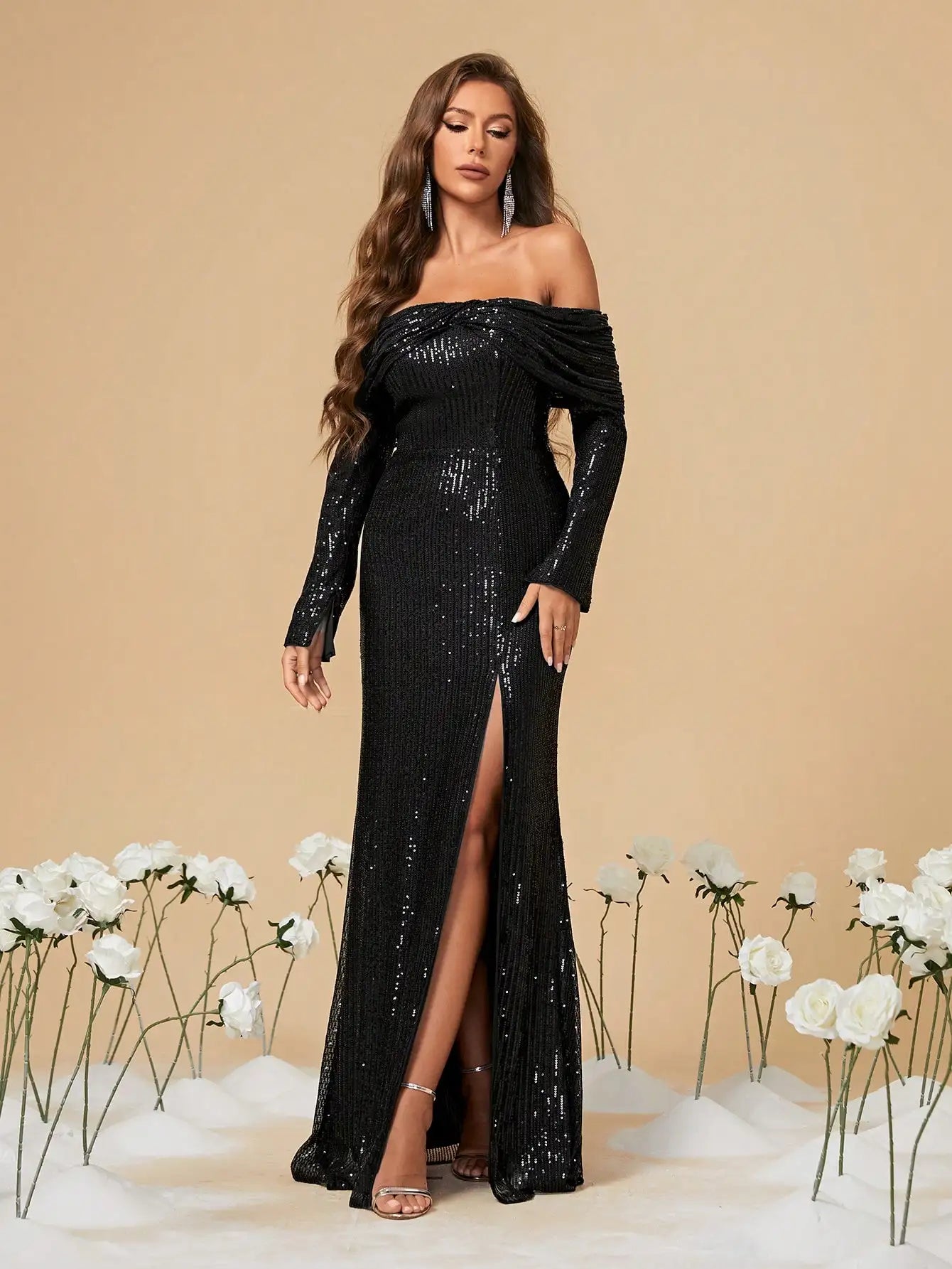 One Shoulder Sequin Slit Evening Dress