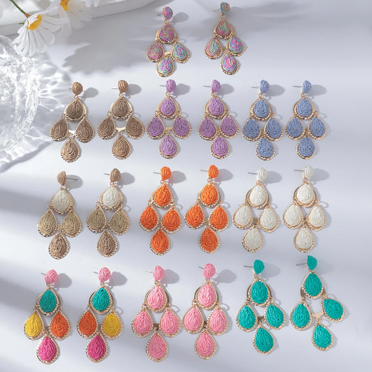 Bohemian Handmade Water Drop Long Earrings Colorful Rattan Knit