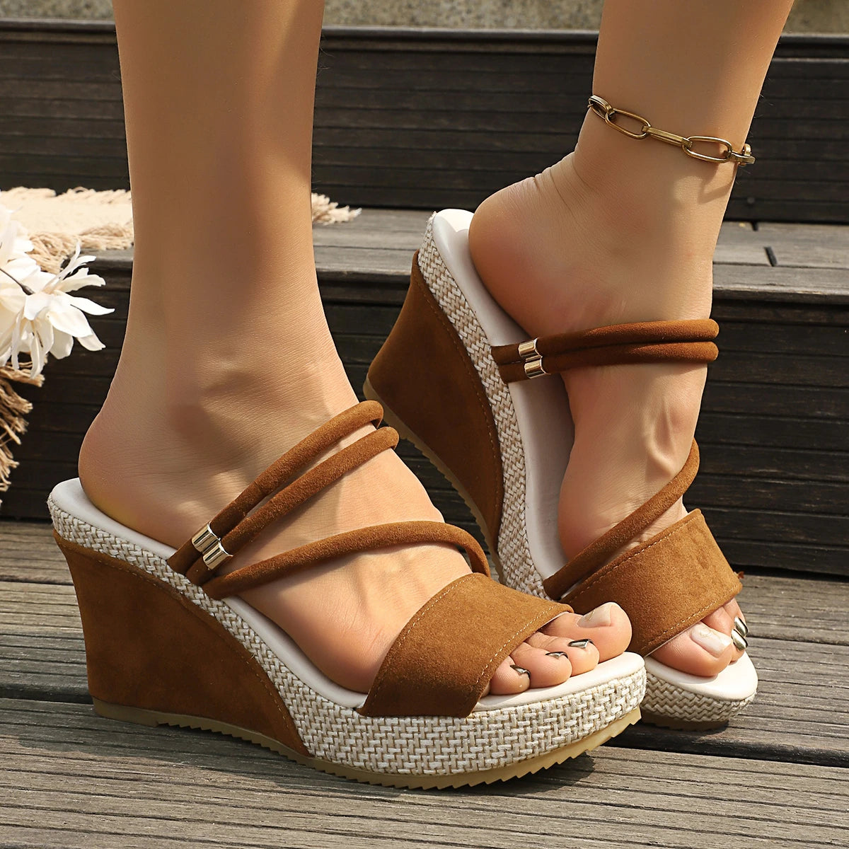 Leather Summer Wedge Female Large Size Mid-heeled Platform Black Comfortable Retro Sandals