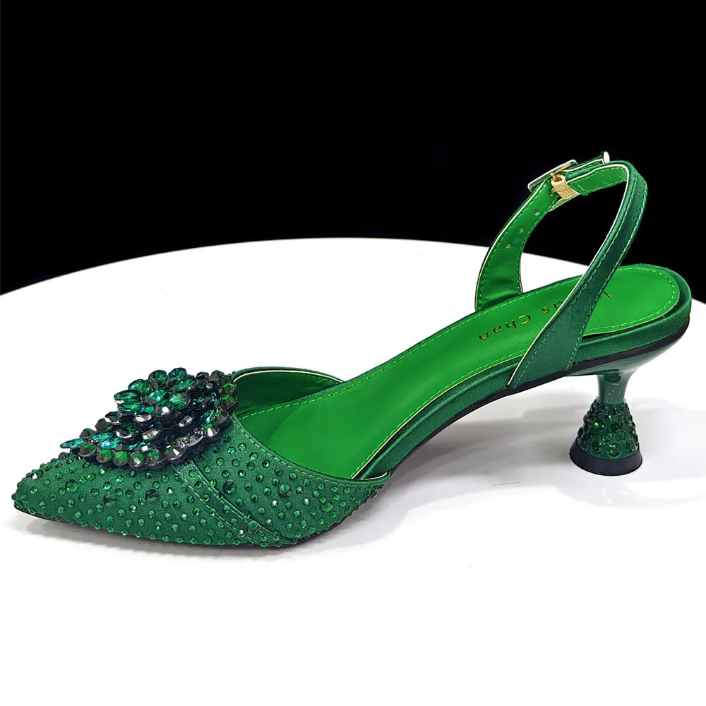 Venus Chan Blue Color Rhinestone Comfortable high heel shoe And Bag Fashion Style Pointed-Toe Shoes For Women Or Commuting Shoes