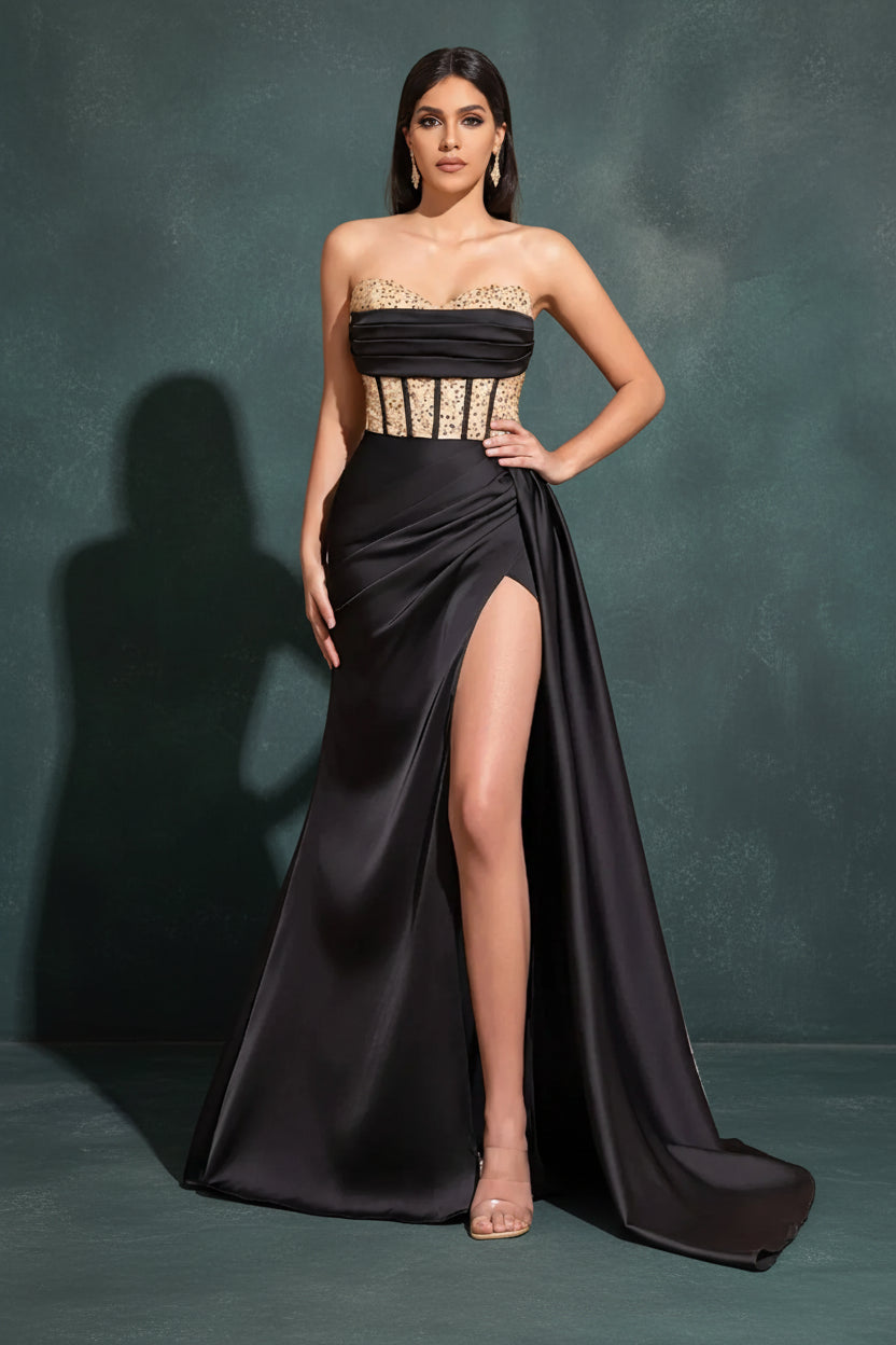 Satin Waist Slimming, Sequin Stitching, Chest Pleats, Slit Floor-length Wedding Dress
