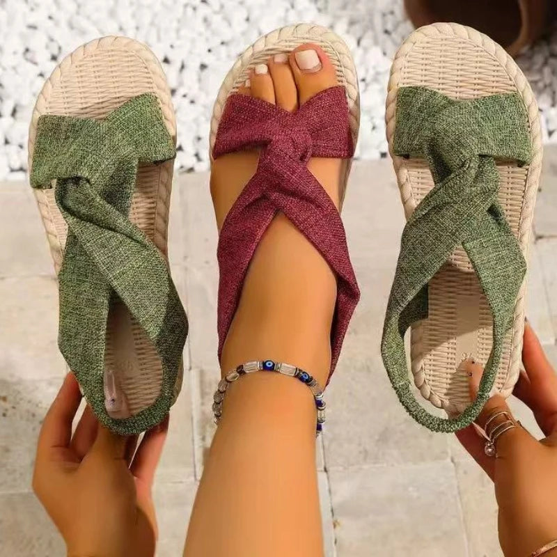 Summer Bohemian Style Sandals Comfortable Linen Cross-Tie Beach Lightweight