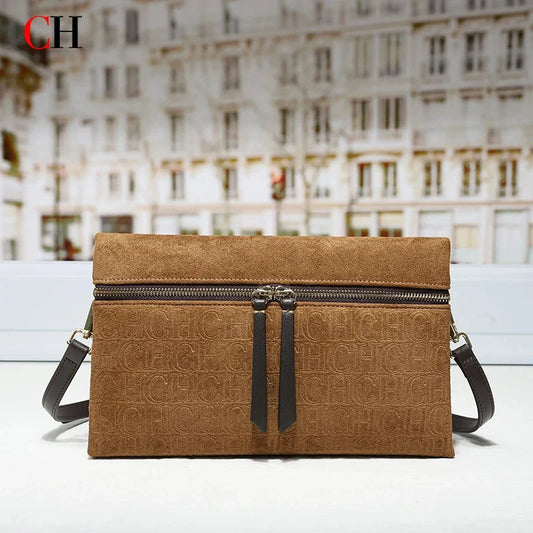 Suede Shoulder Bag Embossed Crossbody Clutch Luxury Designer Handbag